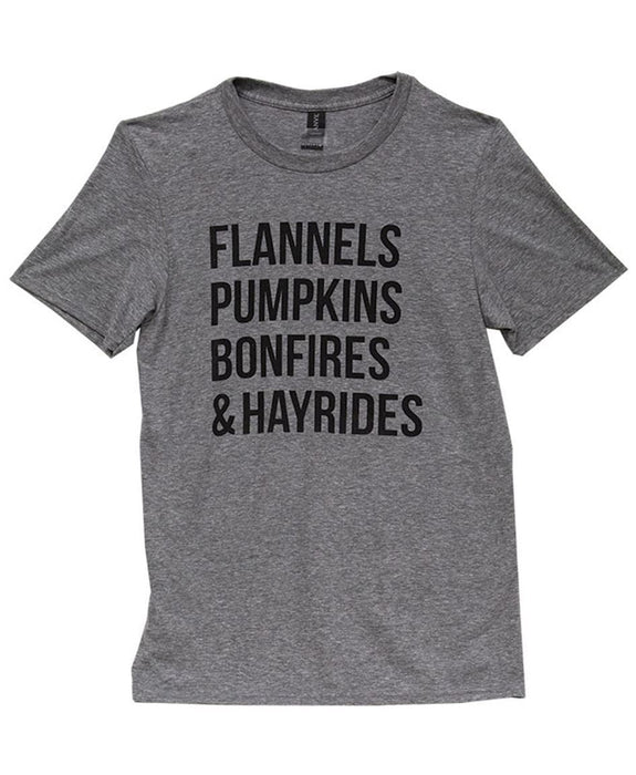 Womens T-Shirt: Flannels, Pumpkins, Bonfires, Hayrides (gray)