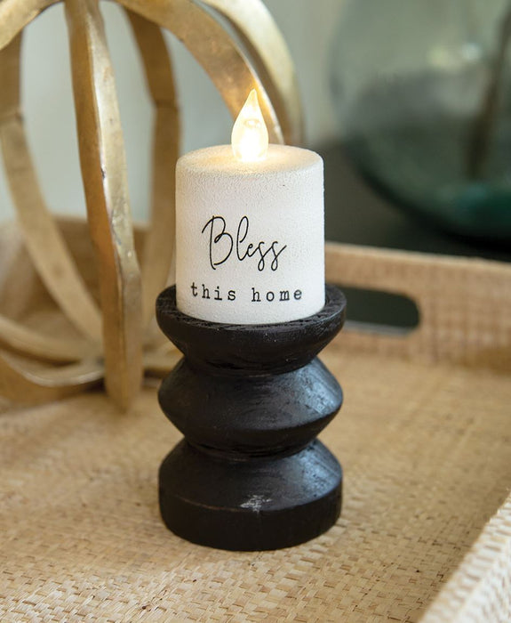 Black Wooden Pillar Candle Holder, 3.5" Tall