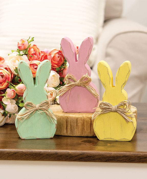 Wooden Pastel Bunny Sitter with Bow set of three