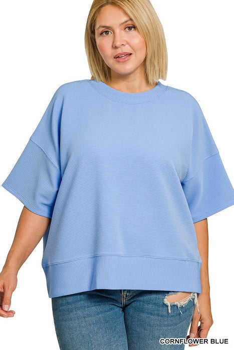 Plus Size Ribbed Round Neck Waist Banded Tee Shirt