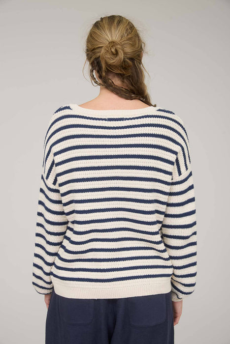 WOMENS CREW NECK DROP SHOULDER NAVY STRIPED SWEATER BLU PEPPER BRAND