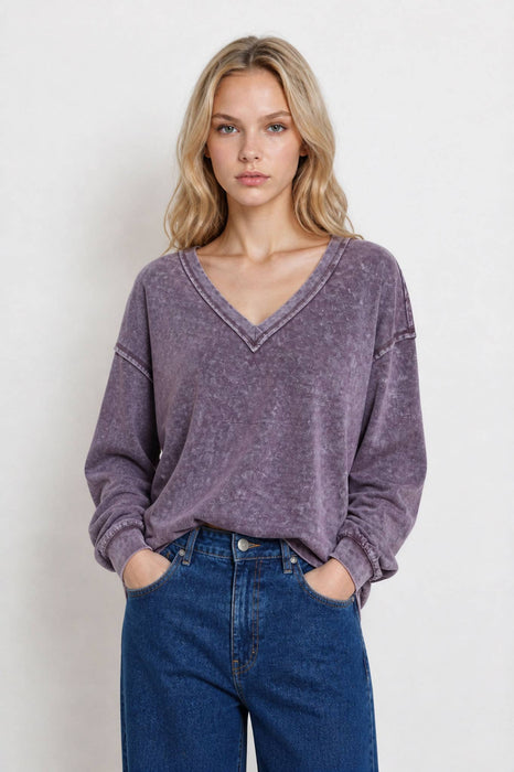 WASHED INVERTED SEAM DETAIL LONG SLEEVE KNIT TOP
