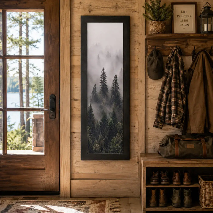 Misty Forest Wall Art – Tall Narrow Portrait Evergreen Pine