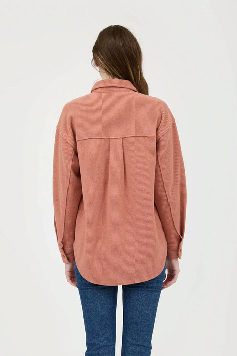 RIB KNIT EXPOSED SEAM BUTTON UP SHACKET JACKET