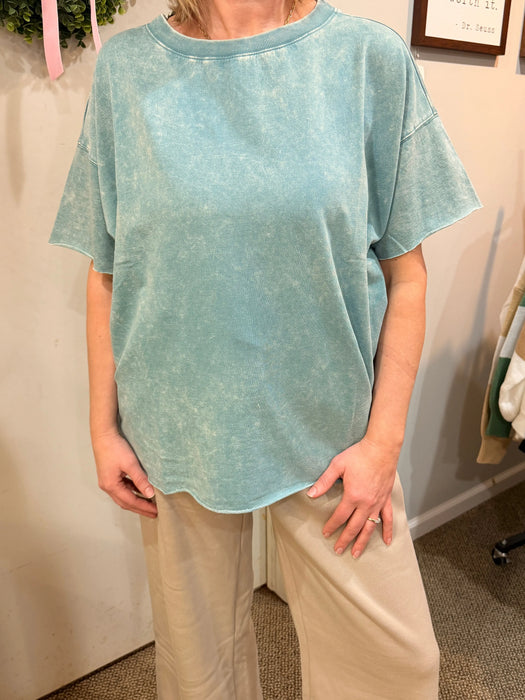Acid Wash French Terry Drop Shoulder Raw Edge Top Zenana Brand  – Relaxed Fit | Women’s & Girls | Heartland Store MN
