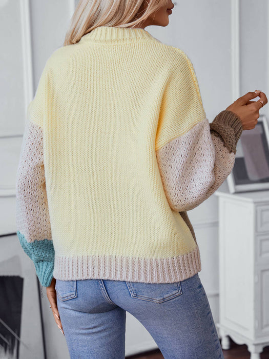 COLOR BLOCK CREW-NECK LONG-SLEEVED SWEATER Cozy Women's Knit Pullover