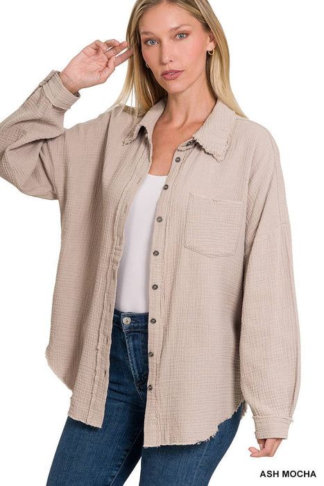 Oversized Raw Edge Shirt With Back Patch Zenana Brand