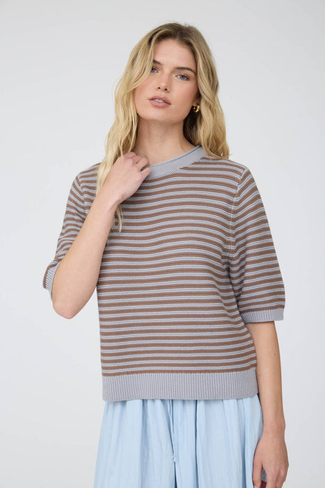 TEXTURED STRIPE CREW NECK HALF SLEEVE SWEATER