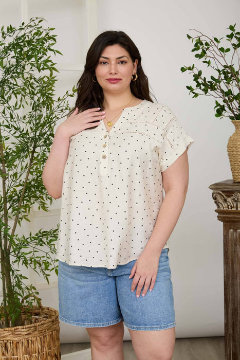 PLUS POLKA DOT LACE TRIM HALF BUTTON TOP