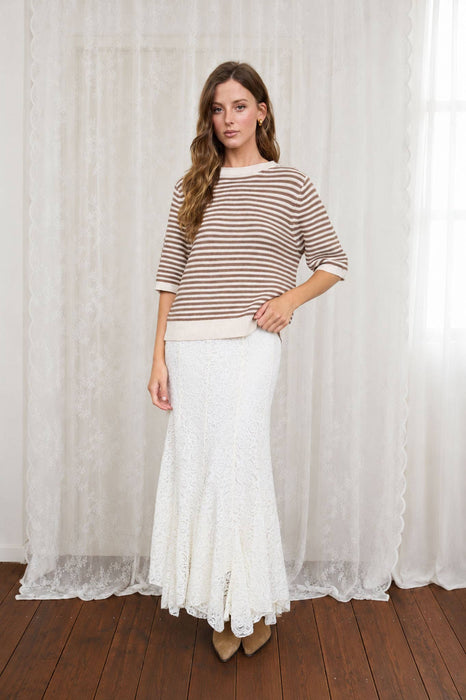 TEXTURED STRIPE CREW NECK HALF SLEEVE SWEATER