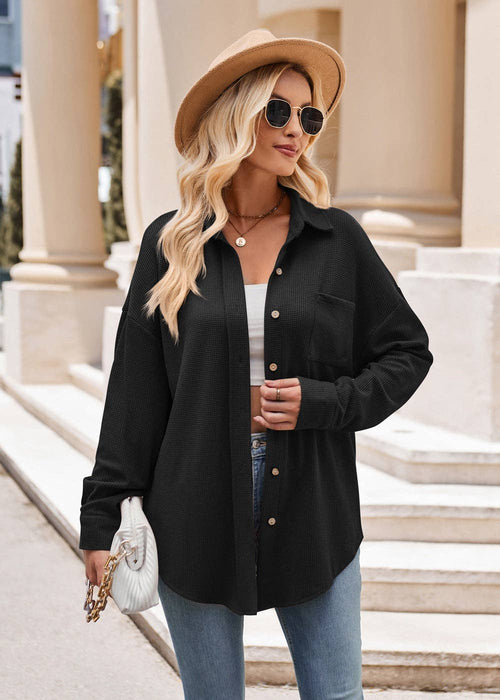 Women's Casual Loose Pocket Waffle Knit  Shirt Jacket