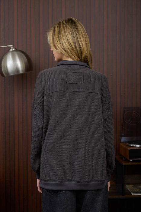 Back View Relaxed fit drop shoulder waffle knit shirt with raw edge details