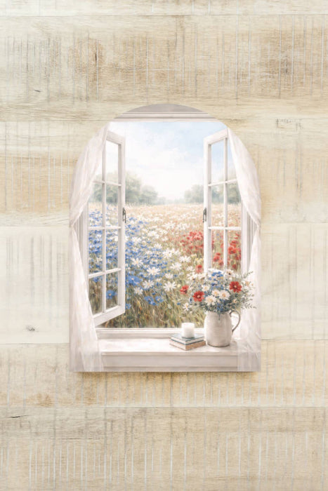 Americana View wood arch with red white and blue flowers window decor at Heartland Store MN Lewiston Minnesota