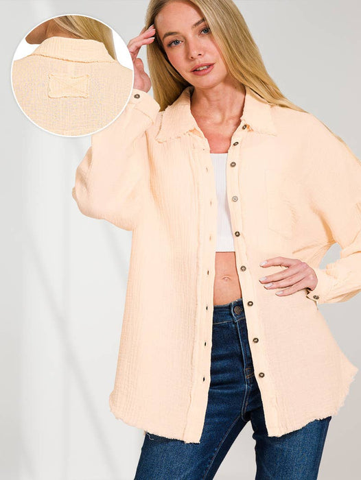 Women's Oversized Raw Edge Button-Up Shirt with Back Patch