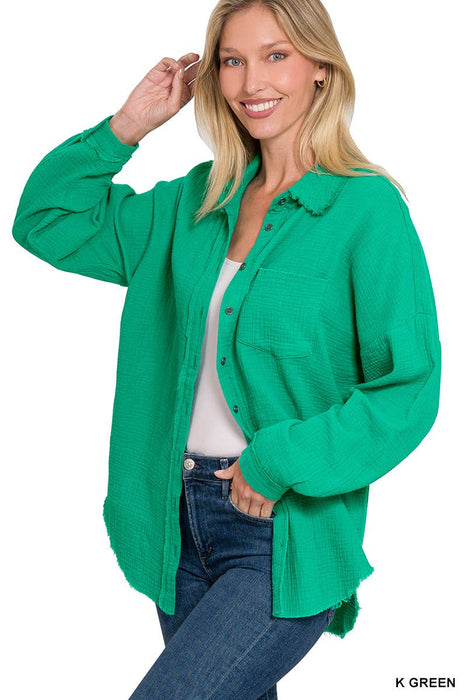 Oversized Raw Edge Shirt With Back Patch Zenana Brand