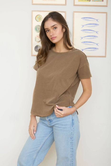 Neutral cotton tee with modern seam detailing front view