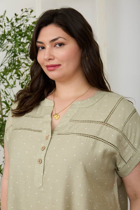 PLUS POLKA DOT LACE TRIM HALF BUTTON TOP