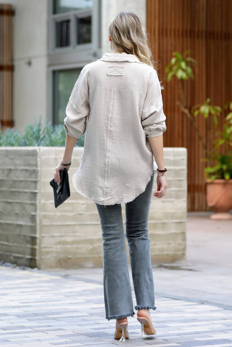 Oversized Raw Edge Shirt With Back Patch Zenana Brand