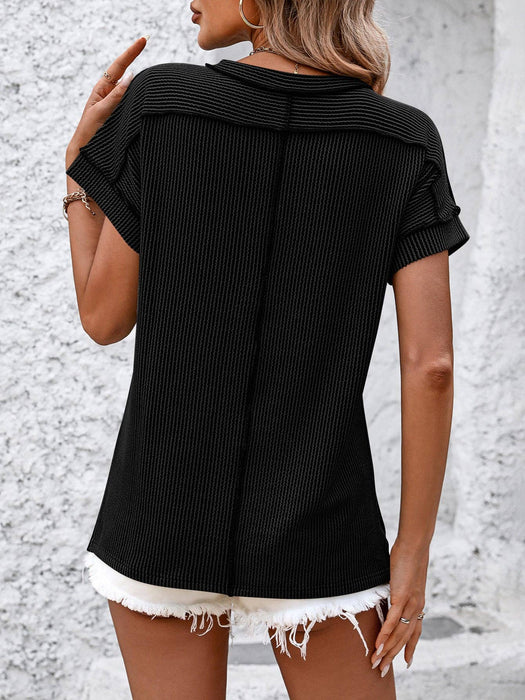 Backstitch Strip Short Sleeve Knit Casual Womens Shirt