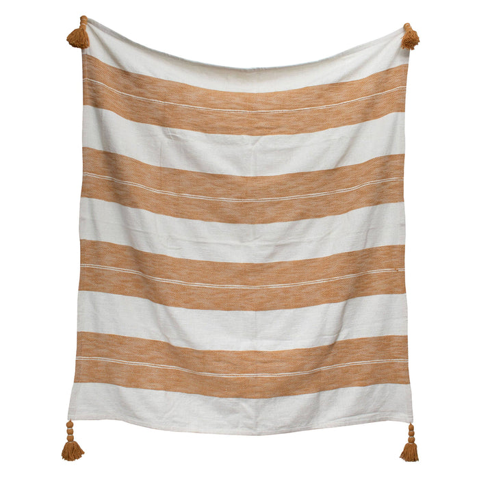 JoEllen Ochre Striped 50x60 Cotton Throw Blanket Tasseled