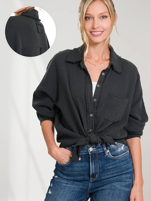 Women's Oversized Raw Edge Button-Up Shirt with Back Patch