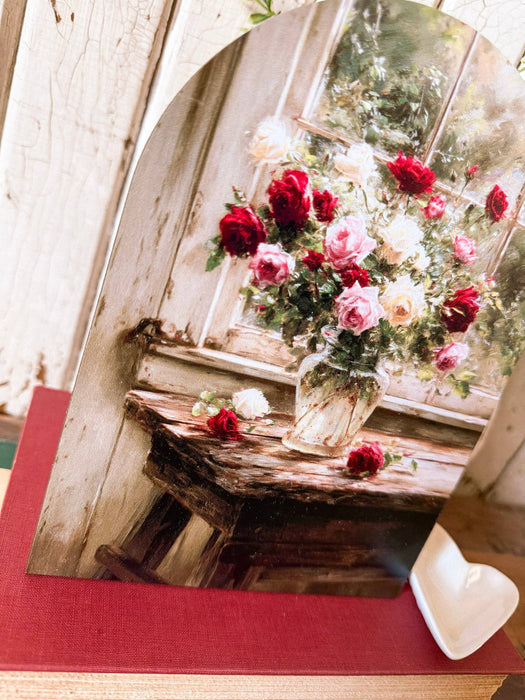 Roses on Table Art Print Arched Wood Sign