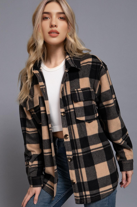 Flannel Shirt Jacket Long Sleeve Check Printed Fleece Shacket