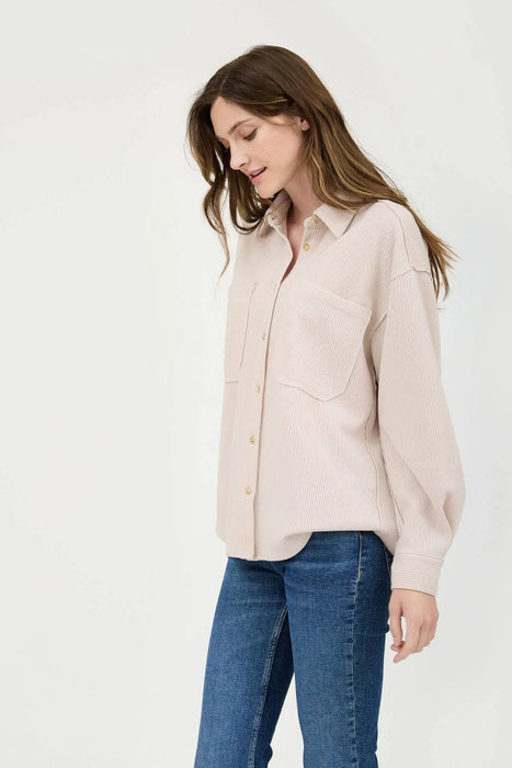 RIB KNIT EXPOSED SEAM BUTTON UP SHACKET JACKET