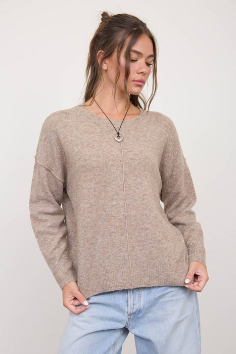 SOLID CREWNECK FRONT SEAM KNIT SWEATER