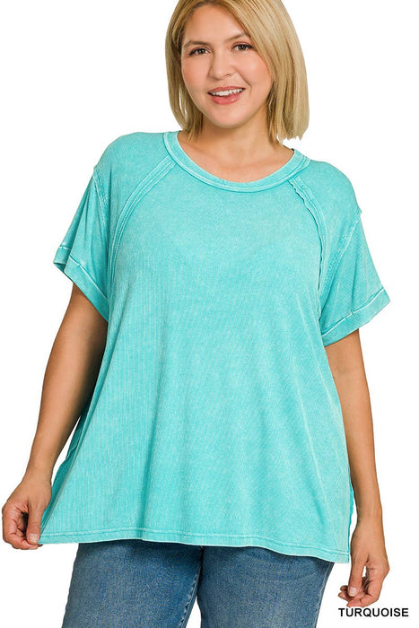 Plus Size Washed Ribbed Cuffed Short Sleeve Round Neck Top