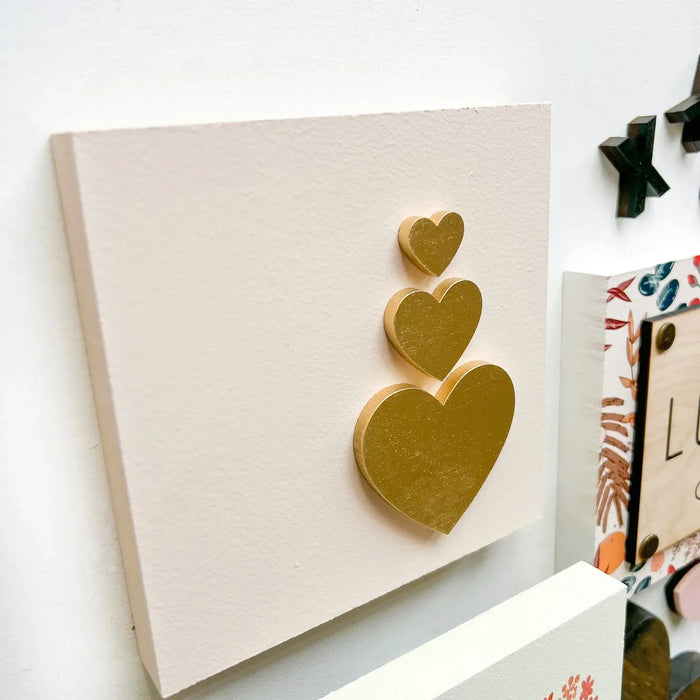 Three Gold Hearts Pastel Pink  Mini Block Tiered Tray Signs