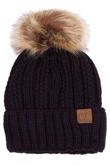 C.C Knit Beanie With Fuzzy Lining and Pom