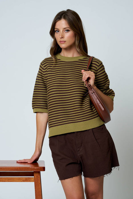 TEXTURED STRIPE CREW NECK HALF SLEEVE SWEATER