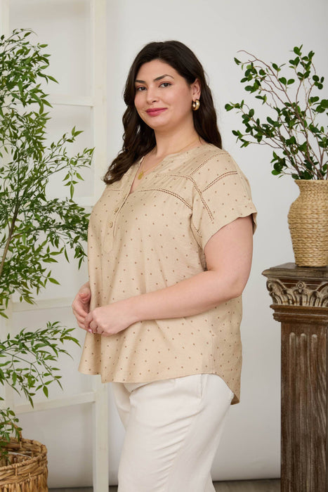 PLUS POLKA DOT LACE TRIM HALF BUTTON TOP