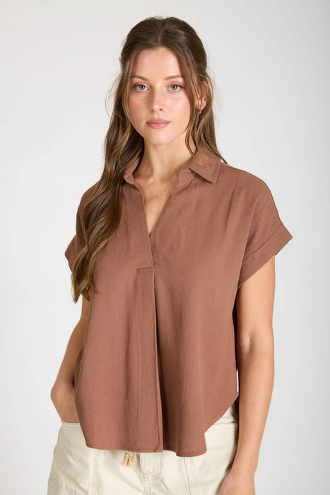 COLLARED SPLIT NECK CUFF SLEEVE U HEM LINEN TOP