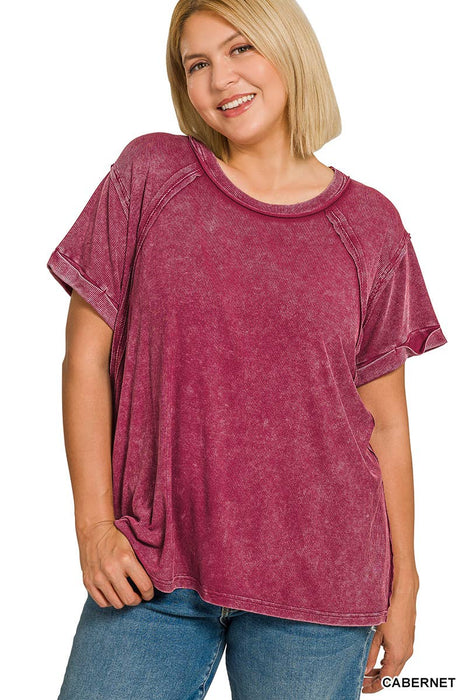 Plus Size Washed Ribbed Cuffed Short Sleeve Round Neck Top