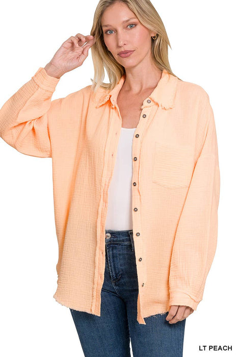 Oversized Raw Edge Shirt With Back Patch Zenana Brand