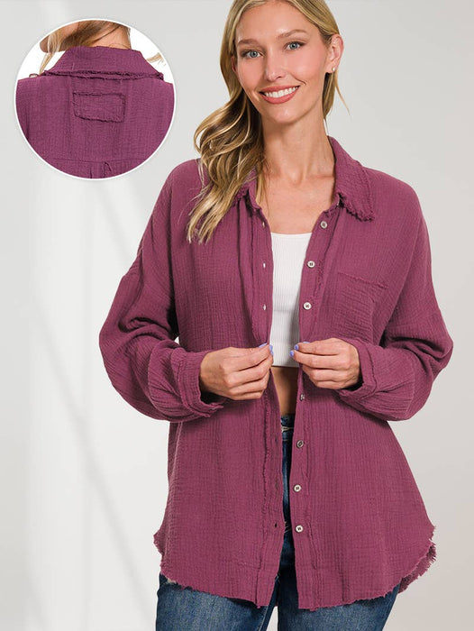 Women's Oversized Raw Edge Button-Up Shirt with Back Patch