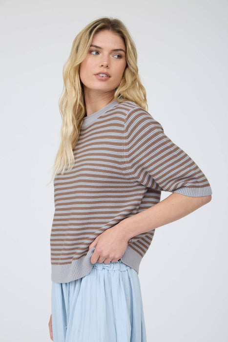 TEXTURED STRIPE CREW NECK HALF SLEEVE SWEATER