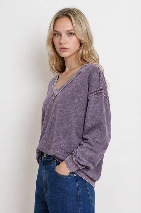 WASHED INVERTED SEAM DETAIL LONG SLEEVE KNIT TOP
