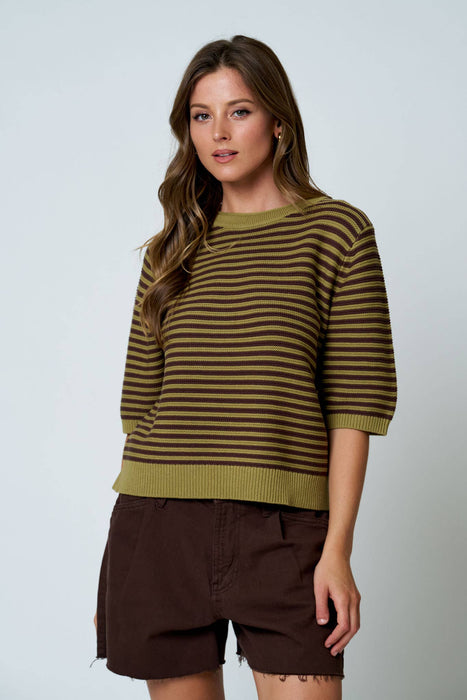 TEXTURED STRIPE CREW NECK HALF SLEEVE SWEATER