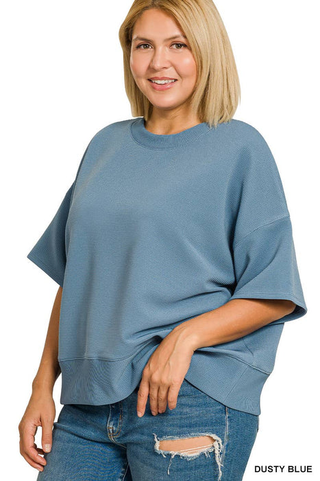 Plus Size Ribbed Round Neck Waist Banded Tee Shirt