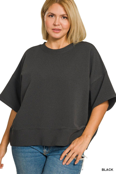 Plus Size Ribbed Round Neck Waist Banded Tee Shirt