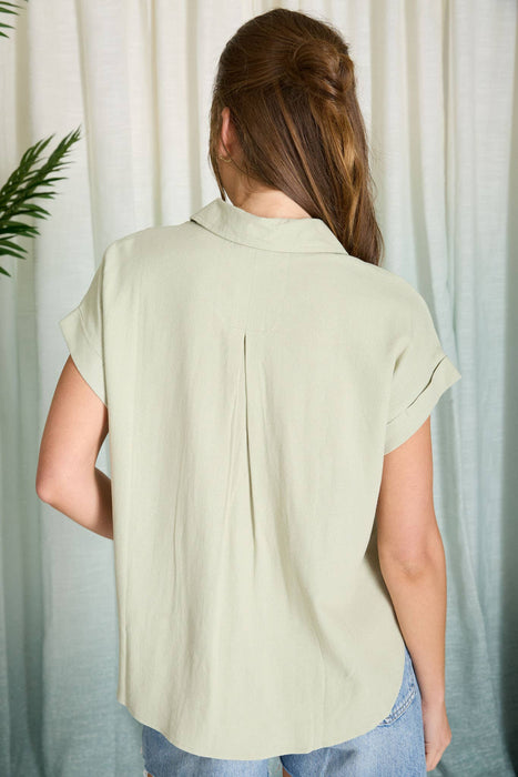 COLLARED SPLIT NECK CUFF SLEEVE U HEM LINEN TOP