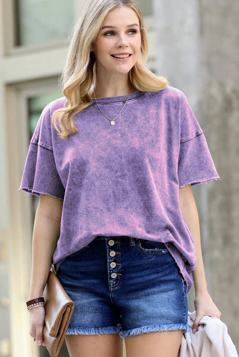 Acid wash French terry drop shoulder raw edge top for women and girls at Heartland Store MN in Lewiston MN