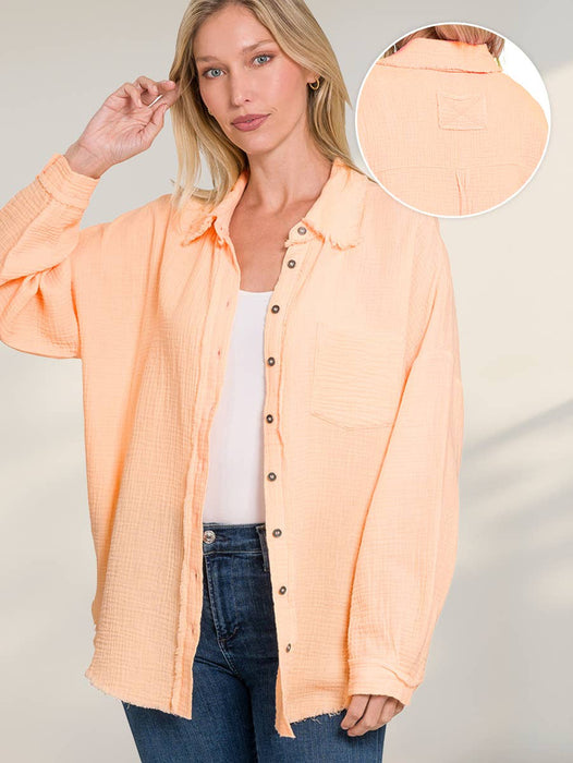 Women's Oversized Raw Edge Button-Up Shirt with Back Patch