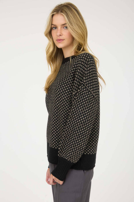 Blu Pepper mini jacquard crew neck black and cream sweater – wool blend with raglan sleeves