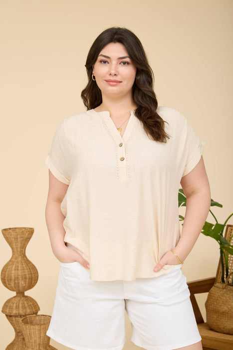 PLUS SIZE HALF BUTTON LACE TRIM SHORT SLEEVE TOP