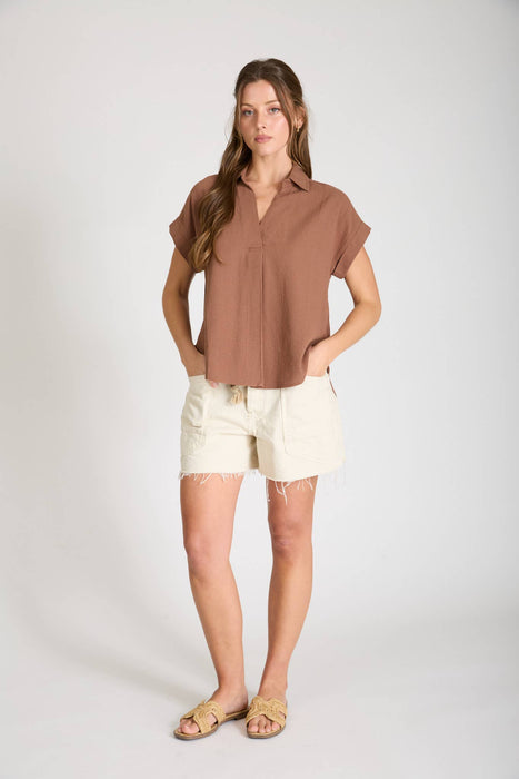 COLLARED SPLIT NECK CUFF SLEEVE U HEM LINEN TOP