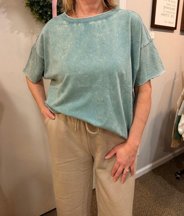 Acid Wash French Terry Drop Shoulder Raw Edge Top Zenana Brand  – Relaxed Fit | Women’s & Girls | Heartland Store MN